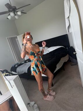 Zaful Teal Floral Cutout Romper with Orange Yellow Flowers